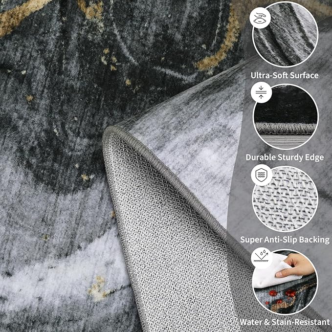 GarveeHome Modern Washable Rugs 5x7 Neutral Abstract Throw Rugs, Non-Slip Abstract Accent Carpet with Marble Swirl Pattern, Stain-Resistant Low Pile Indoor Carpet Rug for Living Room, Bedroom, Black