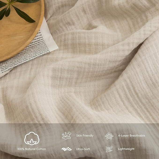 FOSSA Muslin Blanket with Fringe -4-Layer 100% Cotton Gauze Super Soft & Breathable Throw -Lightweight Decorative Cooling Blanket for Bed, Sofa, Office -Twin XL Size 66" × 90" (Beige)
