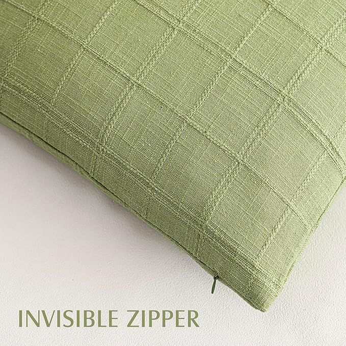 Foindtower Set of 2 Decorative Linen Check Throw Pillow Covers Neutral Farmhouse Vintage Cushion Covers Modern Boho Accent Home Decor for Sofa Chair Couch Bedroom Living Room,22×22 Inch,Light Green