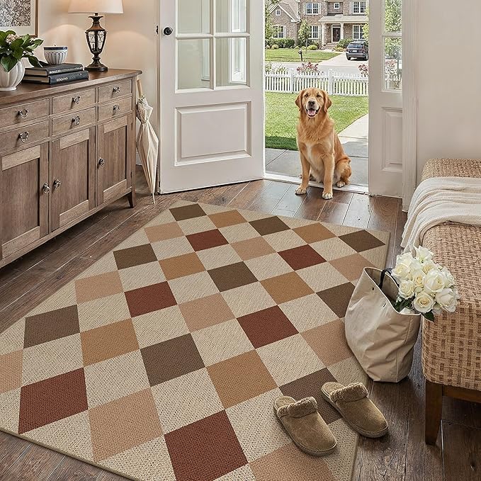 4x6 Checkered Easy Jute Area Rug for Living Room Checkerboard Washable Indoor Outdoor Carpet Farmhouse Patio Office Mat Geometric Non Slip Brown-Beige Carpet for Dorm Backyard Dining Room