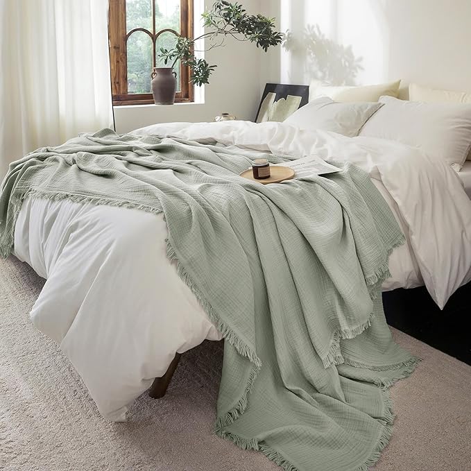 FOSSA Muslin Blanket with Fringe - 4-Layer 100% Cotton Gauze Super Soft & Breathable Throw -Lightweight Decorative Cooling Blanket for Bed, Sofa, Office (Sage Green, Twin XL (66" × 90"))