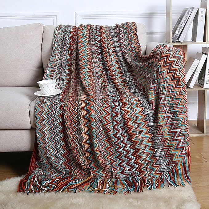 Bohemian Boho Throw Blankets, Knitted with Tassel, Outdoor Reversible Soft Cozy Lightweight Throw Blankets, Couch Bed Sofa Decorative Afghan Throw Blanket All Seasons Red 50x60 inches