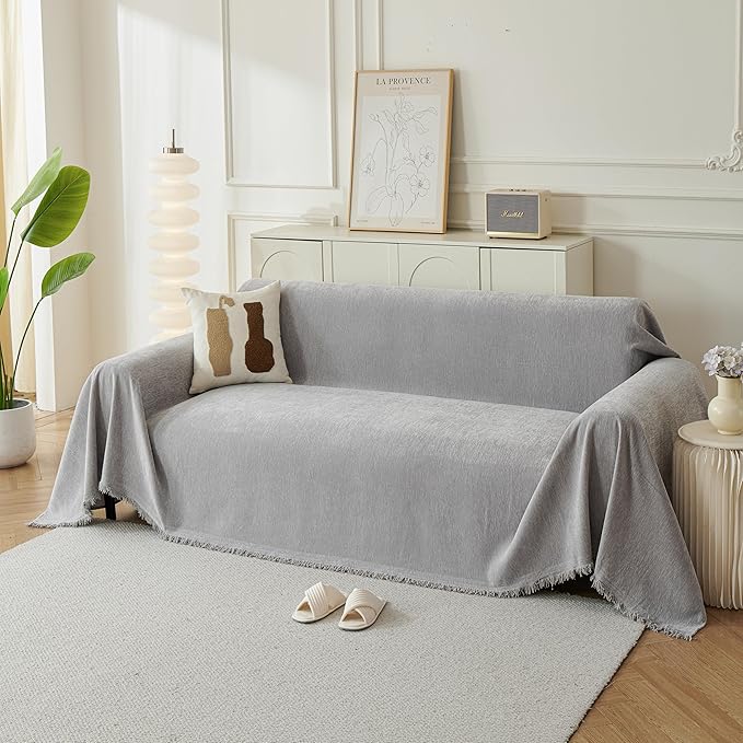 Couch Cover for Dogs, Boho Sofa Covers for 3 Cushion Couch, Chenille Sofa Slipcover for Pets Washable, L-Shape Sectional Couch Loveseat Cover Soft Throw Blankets with Tassels(91x134,Grey)