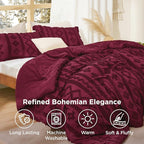 Bedsure Tufted Boho Comforter Set King Size - Burgundy Boho Bed Set, GentleSoft™ 3 Pieces Farmhouse Shabby Chic Embroidery Bedding, Gifts for Woman, Soft Jacquard King Comforter for All Seasons