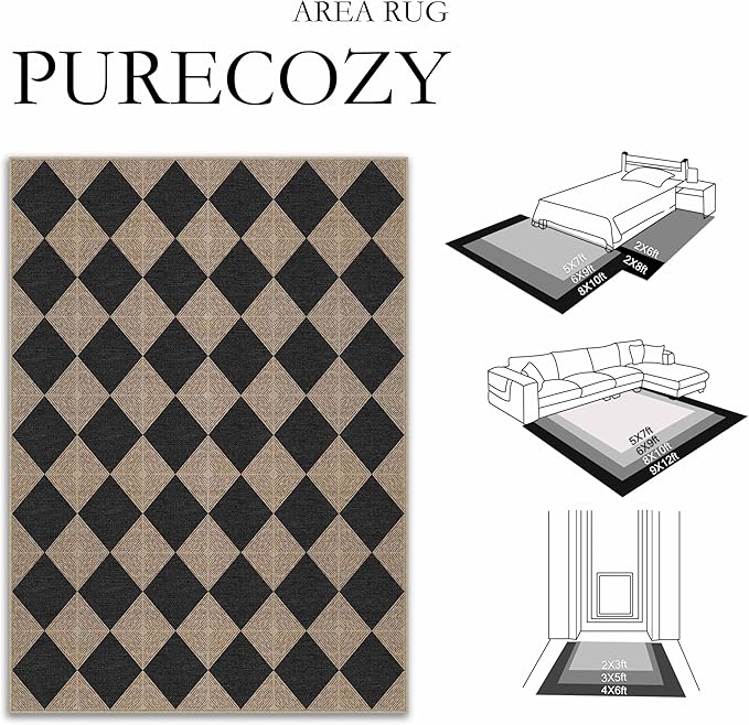 6x9 Checkered Easy Jute Area Rug for Living Room Large Checkerboard Washable Indoor Outdoor Carpet Farmhouse Patio Office Mat Textured Diamond Non Slip Black Carpet for Backyard Dining Room