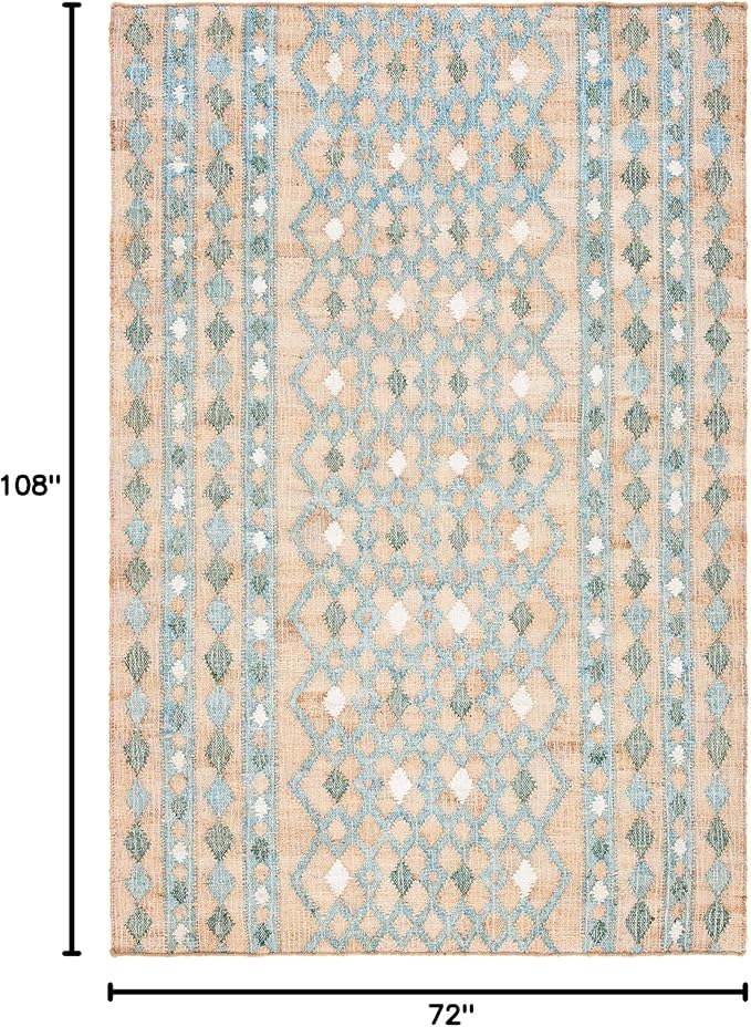 SAFAVIEH Kilim Collection Area Rug - 6' x 9', Natural & Blue, Flat Weave Jute Design, Ideal for High Traffic Areas in Living Room, Bedroom (KLM759M)