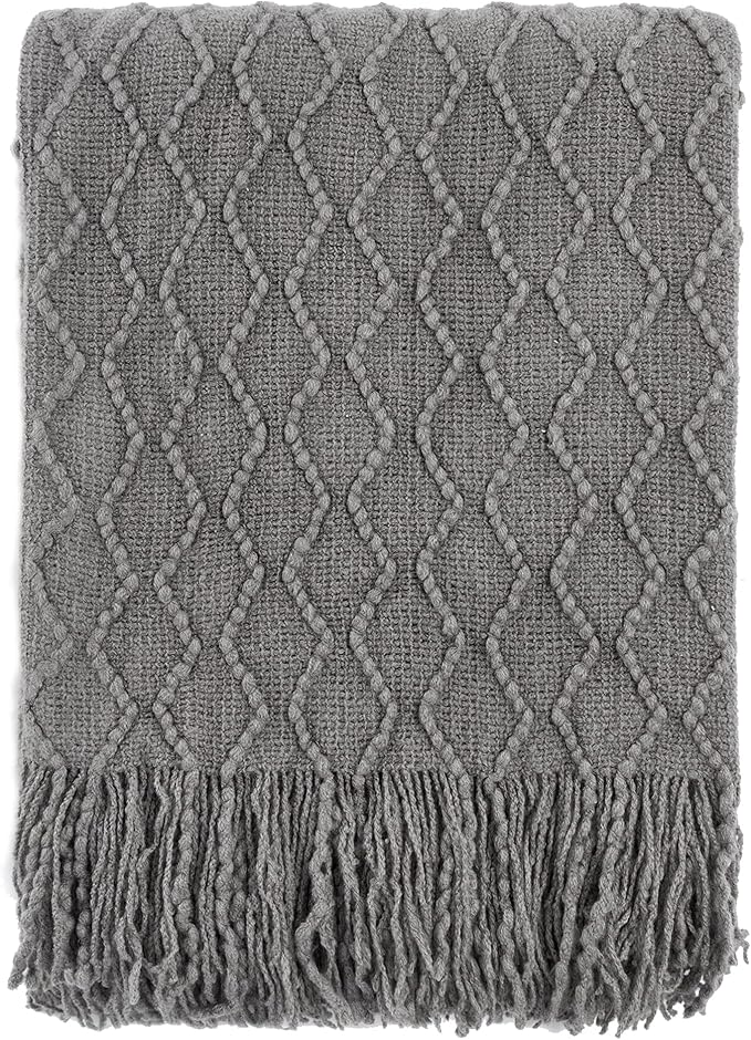 BATTILO HOME Dark Grey Throw Blanket for Couch, Textured Solid Soft Sofa Throw, Knitted Decorative Grey Blanket, 50"x60"