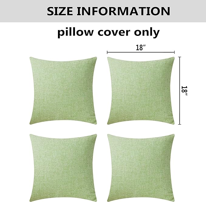 Home Brilliant Spring Pillow Covers Linen Textured Decorative Pillowcases for Bed Sage Burlap Sofa Pillows Slipcovers for Couch Living Room Decor, 18 x 18 inches, Set of 4, Grass Green