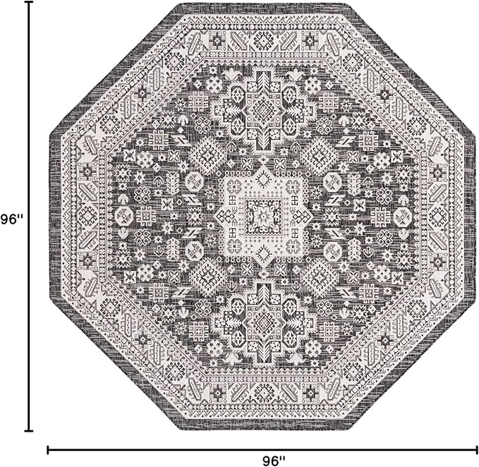 Rugs.com Outdoor Aztec Collection Rug – 8 Ft Octagon Charcoal Gray Flatweave Rug Perfect for Living Rooms, Kitchens, Entryways