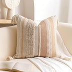 BlissBlush Decorative Throw Pillow Cover 20x20, Neutral Cream Boho Accent Pillowcase with Tufted Texture and Tassels, Beige Square Cushion for Sofa Couch Living Room (Cover Only)