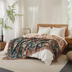Boho Throw Blanket for Bed 90”x98”, 100% Cotton Woven Blanket for Couch Sofa, Ultra Soft 4-Layer Muslin Quilt with Floral Printed, Farmhouse Bed Blanket/Cover for Living Room Decor