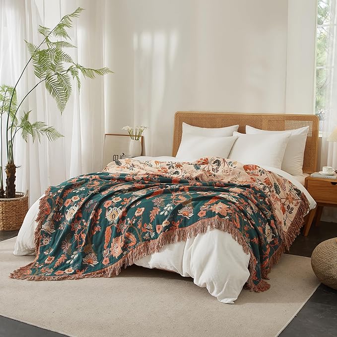 Boho Throw Blanket for Bed 60”x80”, 100% Cotton Woven Blanket for Couch Sofa, Ultra Soft 4-Layer Muslin Quilt with Floral Printed, Farmhouse Bed Blanket/Cover for Living Room Decor