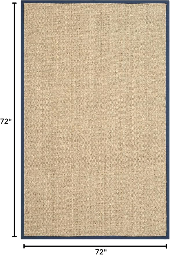SAFAVIEH Area Rug 6' Square - Natural Fiber Collection - Natural & Blue, Seagrass, Basketweave Pattern with Border (NF114E)