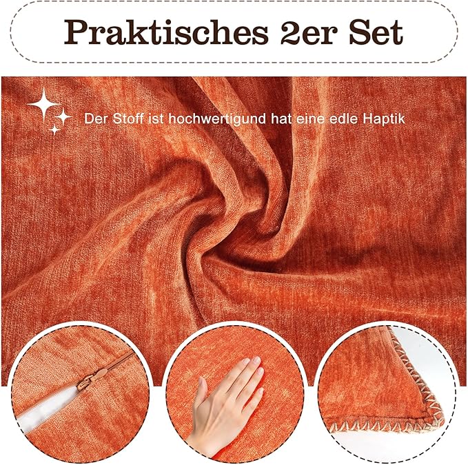 Decorative Throw Pillow Covers Pack of 2, 18x18 In Chenille Soft Pillow Covers with Stitched Edge, Farmhouse Neutral Euro Decorative Pillows for Bed Couch Sofa Home Decor Living Room, Rust