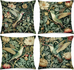 Vintage William Morris Hummingbird Pillow Cover 18x18 Set of 4,Rustic Green Hummingbird Bird Animal Floral Botanical Print Decorative Throw Pillow Covers for Home Bedroom Living Room