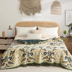 Boho Throw Blanket Twin Size, Soft Cozy Cotton Muslin Quilt Blanket for Bed Decor, Bird Patterned Couch Sofa Chair Cover, Vintage Farmhouse Cottage Tapestry Woven Blanket, Green&Beige
