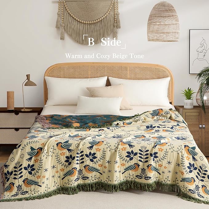 Boho Throw Blanket Throw Size, Soft Cozy Cotton Muslin Quilt Blanket for Bed Decor, Bird Patterned Couch Sofa Chair Cover, Vintage Farmhouse Cottage Tapestry Woven Blanket, Green&Beige
