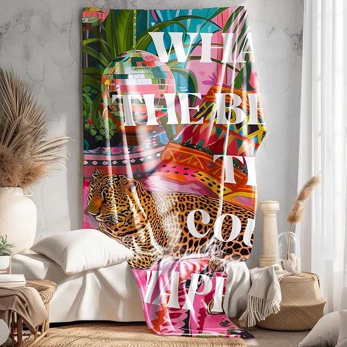 Trendy Preppy Leopard Blanket, Inspirational What's The Best That Could Happen Maximalist Cheetah Throw Blankets Gifts for Bed Couch Girly Room Bedroom Dorm Home Decor, 50x60 Inches