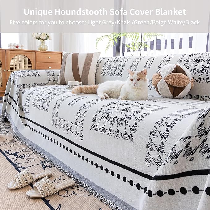 Houndstooth Couch Cover Blanket, Couch Blanket Cover, Boho Couch Cover, Chenille Sofa Covers Washable, XL Couch Covers for Oversized Sofa(1pc/Black/71×134")