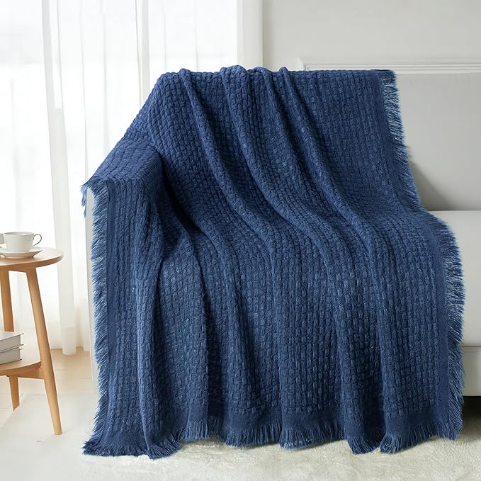 Exclusivo Mezcla Knit Throw Blanket with Fringes for Couch, Reversible Super Soft and Warm Woven Boho Throw for All Season, Home Decor, 50"x60", Navy Blue