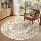 Round Washable Area Rug 8ft, Boho Vintage Distressed Oriental Medallion, Neutral Blue, Thin Carpet for Living Room Bedroom Home Office Decor