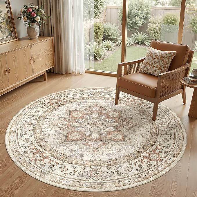 Round Washable Area Rug 8ft, Boho Vintage Distressed Oriental Medallion, Neutral Blue, Thin Carpet for Living Room Bedroom Home Office Decor