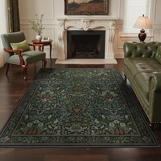 GENIMO 5x7 Washable Area Rug, Non-Slip Vintage Boho Floral Carpet, Soft Low-Pile Thin Bedroom Rug for Living Room, Dining Room, Nursery, Dark Green