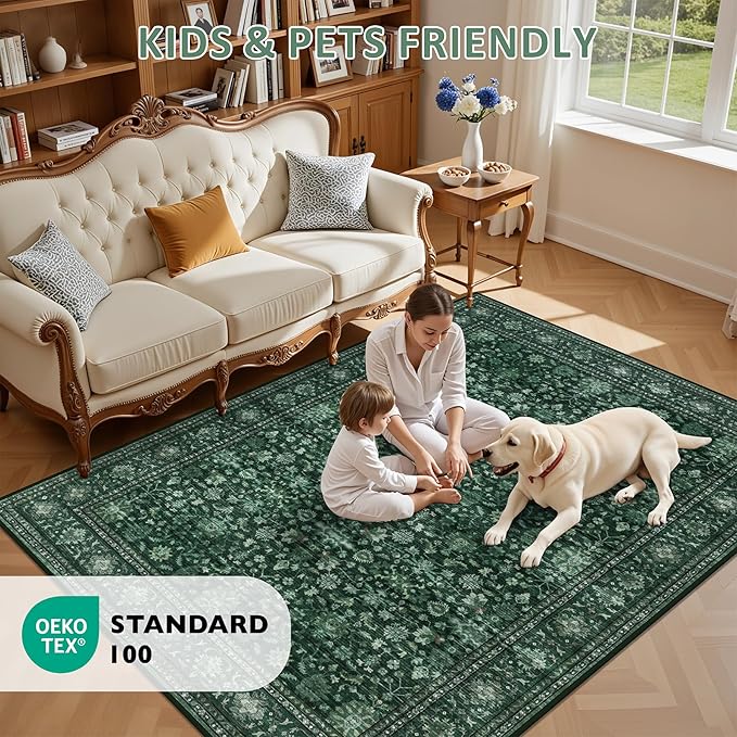 Area Rugs 10x14 Living Room Rug: Washable Rug Soft Vintage Distressed Floral Carpet Indoor Non-Slip Stain Resistant Large Carpets for Bedroom Dining Room Farmhouse Nursery Home Office Deep Green