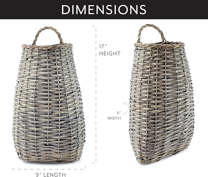 AuldHome Design Wall Hanging Pocket Basket; Woven Wicker Rustic Farmhouse Gray Washed Long Basket; 17 x 9 x 5 Inches