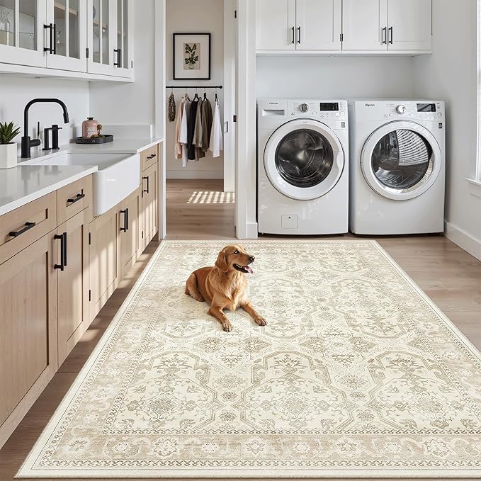4x6 Area Rugs for Living Room, Vintage Washable Rugs for Dining Room, Bedroom, Home Office Decor, Non-Slip Beige/Brown Carpet Thin Rug