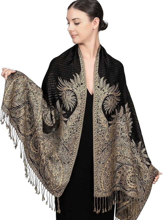 Achillea Reversible Paisley Pashmina Rave Scarf – Exotic Indian Shawls and Wraps for Evening Dresses, Festivals, All Seasons