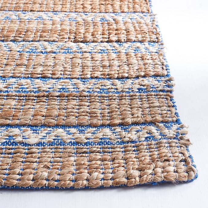 SAFAVIEH Natural Fiber Collection Area Rug - 9' x 12', Blue & Natural, Handmade Flat Weave Stripe Jute & Cotton Jute, Ideal for High Traffic Areas in Living Room, Bedroom (NFB655M)