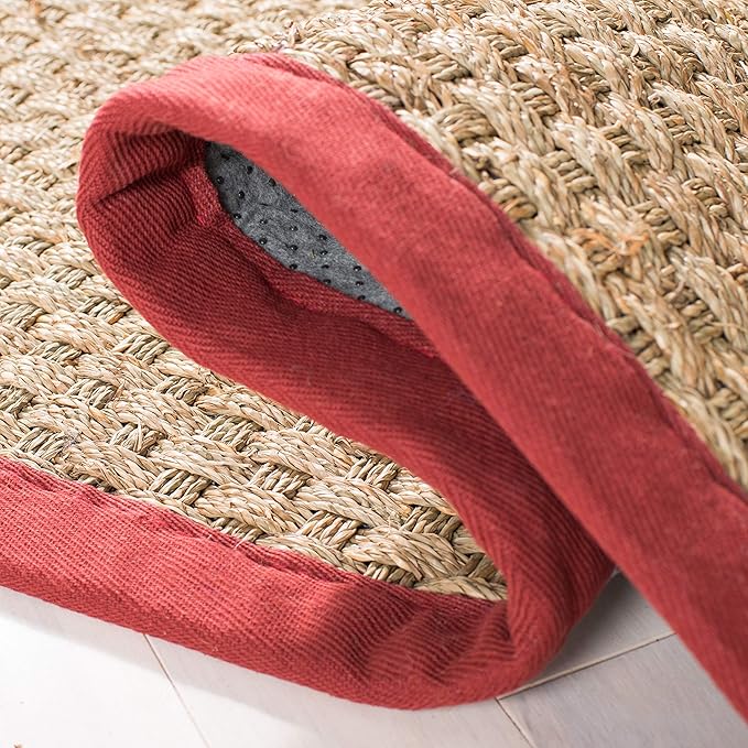 SAFAVIEH Natural Fiber Collection Runner Rug - 2'6" x 12', Natural & Red, Seagrass, Basketweave Pattern with Border (NF114D)