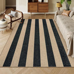 Lahome Elance Striped Easy Jute Dining Room Rug, 6x9 Indoor Outdoor Rugs for Patio Living Room, Farmhouse Neutral Non Slip Low Pile Black Carpet for Bedroom Office Backyard Classroom