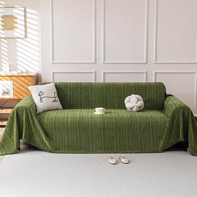 Boho Chenille Couch Cover for Dogs, Non Slip Sofa Cover, Couch Slipcover Covers for 3 Cushion, Furniture Protector with Tassels for Pets Washable, 91"x150", Fishbone Green