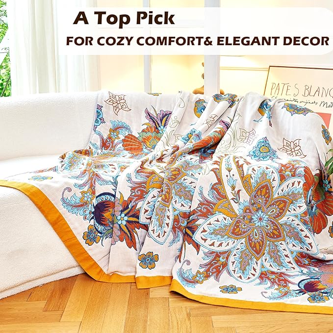 Boho Throw Blanket, 100% Organic Cotton Breathable Skin-Friendly Ultra Soft Bed Quilt Throw - All Season Floral Bird Farmhouse Décor Luxury Blanket for Sofa Couch Chair and Gift. 80" x 90"
