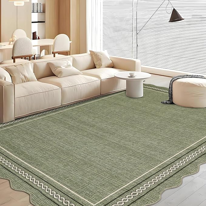 Garvee Scalloped Living Room Rug 5x7 Area Rug Washable Area Rug for Bedroom Boho Kids Rug Non Slip Throw Rugs Soft Non Shedding Low Pile Stain Resistant Carpet for Dining Room 5'x7' Green