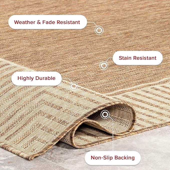 Nuloom Asha Light Brown/Ivory, 6'7" Round, Casual, Striped Border, Soft and Cozy, High Traffic, Stain Resistant, Easy Clean, Durable Area Rug for Indoor/Outdoor Patio, Deck, Porch, Garden, Courtyard