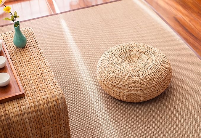 Straw Flat Seat Cushion, Handmade Floor Pouf Mat, Ottoman Footstool for Meditation, Zen, Yoga Practice or Buddha (15.7" Dia. x 6.3" H)