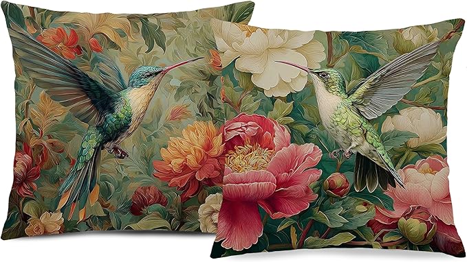 Vintage William Morris Hummingbird Pillow Cover 18x18 Set of 2,Rustic Green Hummingbird Bird Animal Floral Botanical Print Decorative Throw Pillow Covers for Home Bedroom Living Room