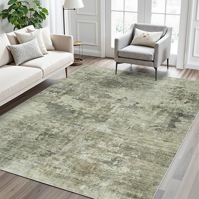 Abstract Rug 5x7 Machine Washable Area Indoor Green Black Low Pile Non-Slip Foldable Thin Accent Rugs for Bedroom Living Room Dining Room