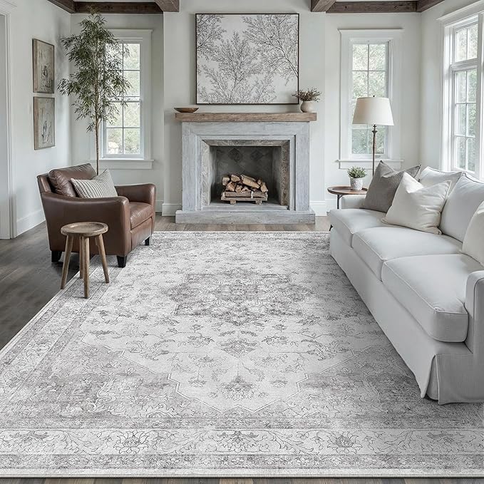 Grey Gray Area Rug 6x9 Washable Vintage Carpet for Living Room Bedroom Large Soft Retro Low Pile Thin Indoor Rug Non Slip Oriental Medallion Floor Cover for Dining Room Office