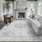 Grey Gray Area Rug 6x9 Washable Vintage Carpet for Living Room Bedroom Large Soft Retro Low Pile Thin Indoor Rug Non Slip Oriental Medallion Floor Cover for Dining Room Office
