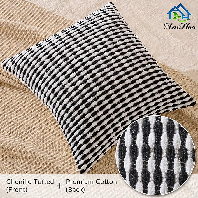 AmHoo Set of 2 Boho Chenille Pillow Cover Decorative Tufted Pillowcase for Couch Bed Sofa Bedroom Living Room Modern 18 x 18-Inch Black