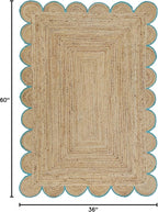 Scalloped Natural Jute Area Rug, Teal Trim, 3'x5'