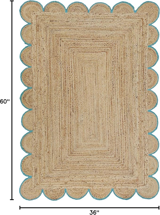 Scalloped Natural Jute Area Rug, Teal Trim, 3'x5'