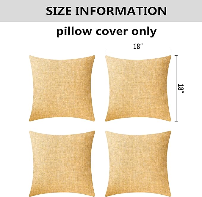 Home Brilliant Spring Pillow Covers 18x18 Set of 4 Textured Burlap Lined Linen Throw Pillow Covers for Couch Sofa Bed Summer Decor, 18 x 18 Inch (45cm), Yellow