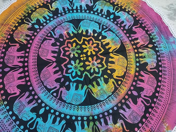 Round Beach Tapestry Turquoise Mandala Throw/Boho Hippie Beach Blanket Roundie/Indian Cotton Bohemian Large Round Table Cloth-Home Decor/Yoga Mat Meditation Picnic Rug (42", Multi Color)