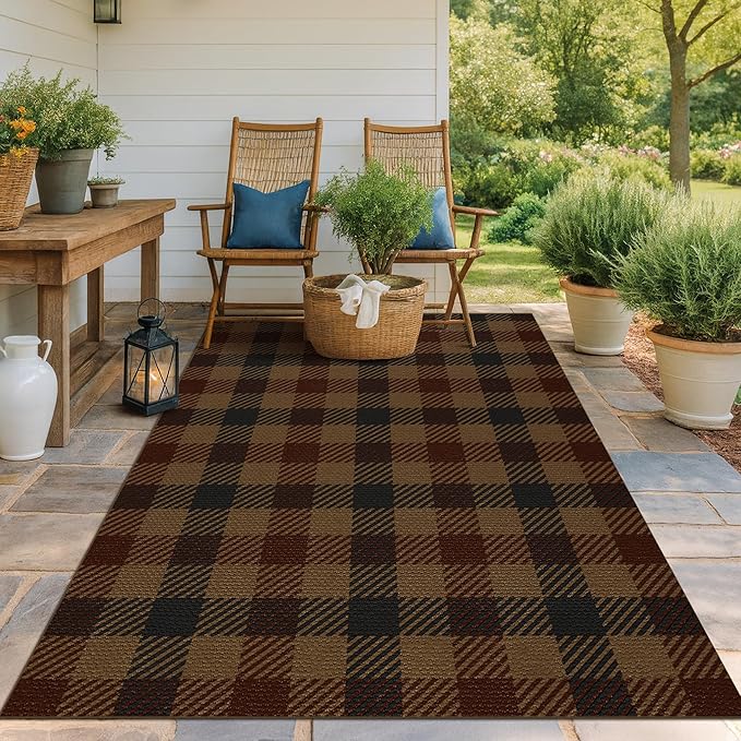 Vintage Large Plaid Area Rug for Living Room - 5x7 Easy Jute Classic Brown and Red Rug for Bedroom Under Bed, Large Entryway Outdoor Porch, Washable Non Slip Neutral Dark Brown Retro Décor