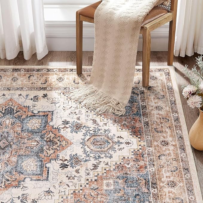 Washable Rug 10x14 Area Rugs: Boho Vintage Distressed Oriental Medallion Neutral Thin Large Rug Carpet for Living Room Bedroom Dining Room Home Office Decor - Camel